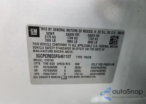 2015 Chevrolet Silverado C1500 Lt z USA, uszkodzony, nr VIN 3GCPCREC6FG461107